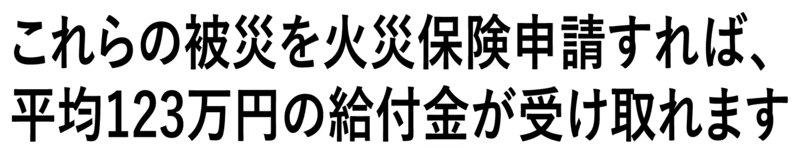 これらの被災を火災保険申請すれば平均123万円の給付金が受け取れます